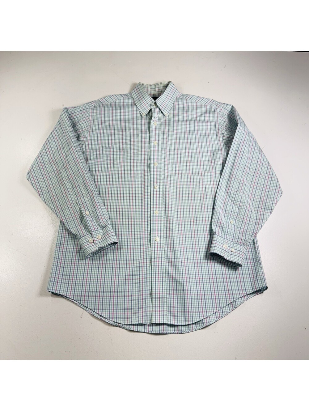 Brooks Brothers Dress Shirt Blue Green Pink Plaid Men’s Size Medium